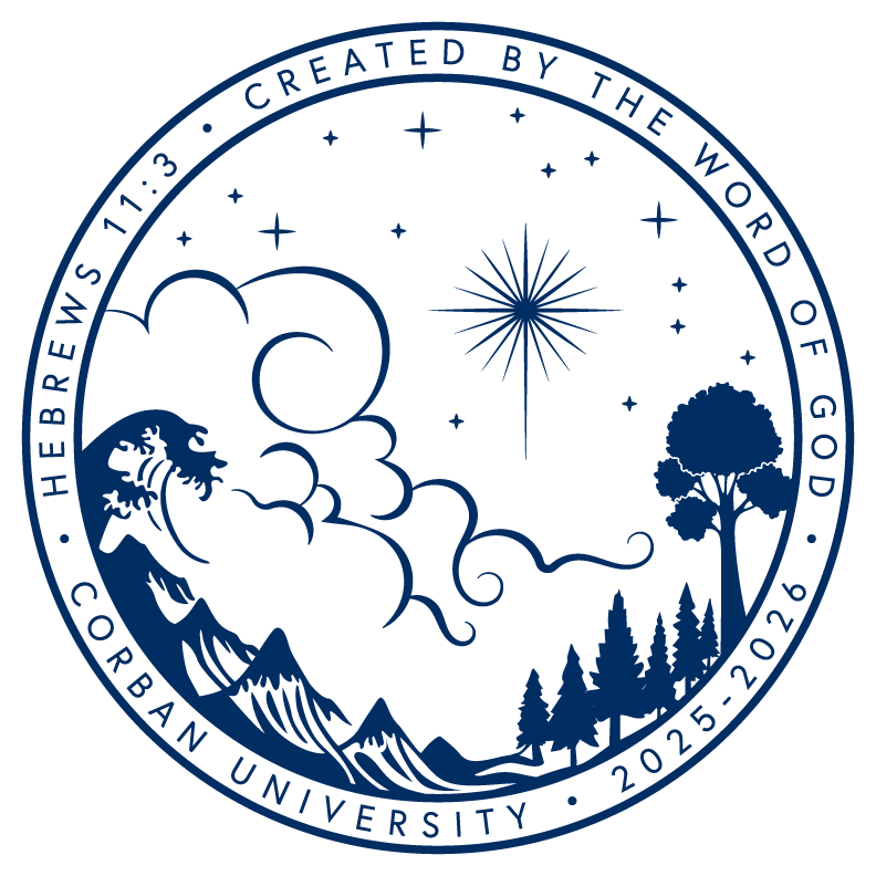 Circular logo featuring ocean, sky, stars, and trees inspired by Corban University's 2025-2026 annual theme, "Created by the Word of God."