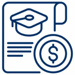 Graduation cap and dollar sign graphic representing scholarships for education.