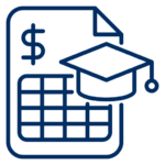 A graphic displaying a page with a dollar sign and table and a graduation cap, representing college tuition