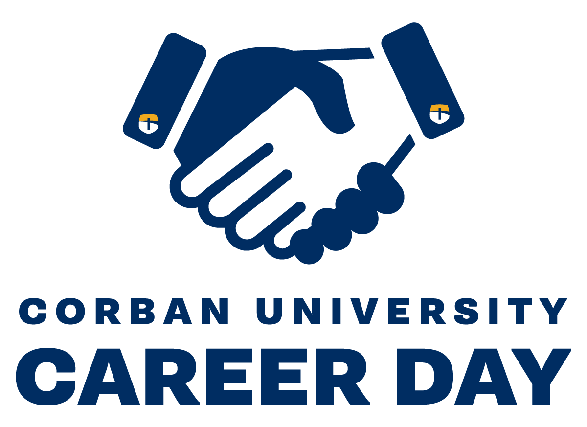 Logo featuring two dark blue hands shaking. Below, dark blue text reads Corban University Career Day. Each hand in the handshake has a small logo resembling a C with a gold accent.