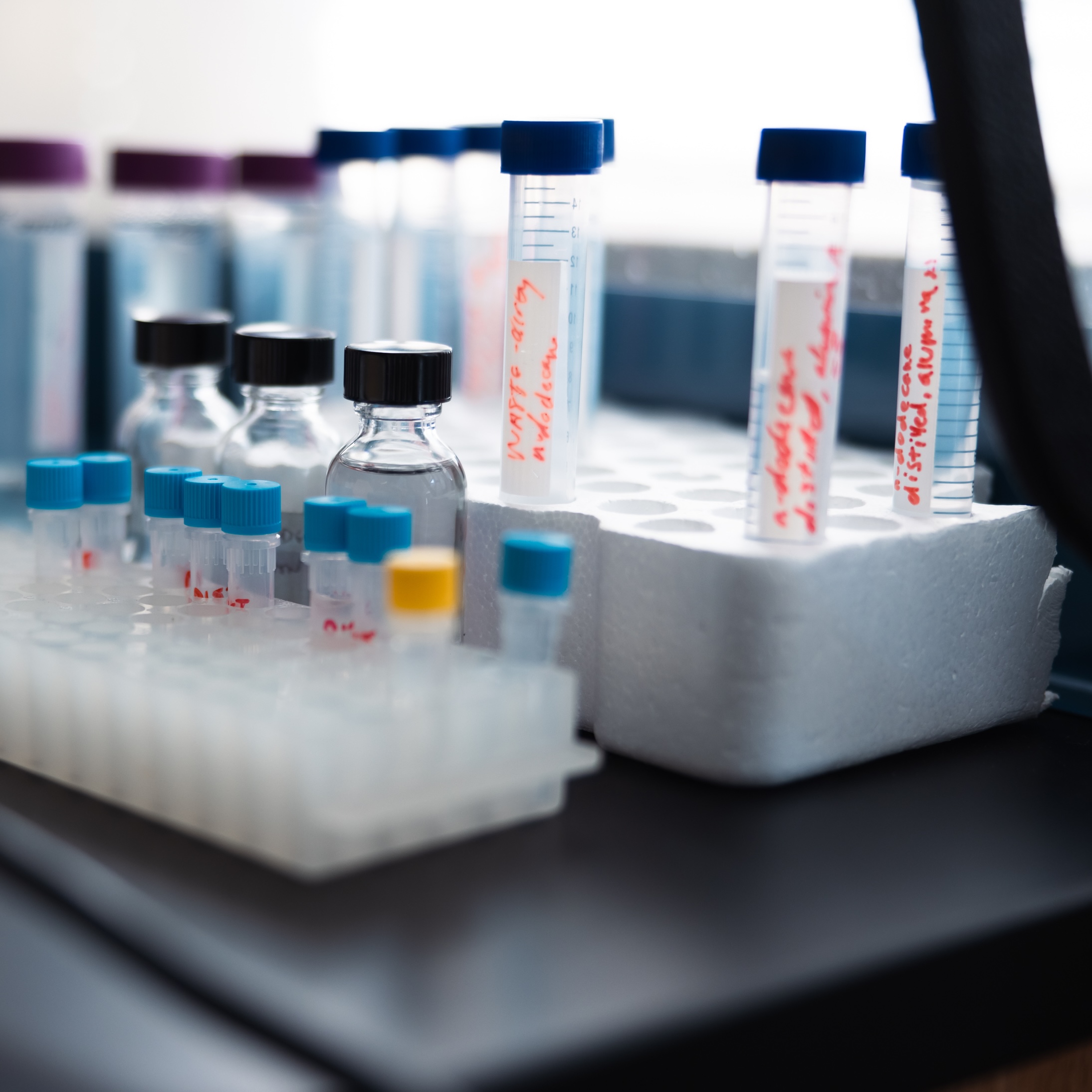 A laboratory scene displaying an array of test tubes and vials on a countertop, highlighting a scientific research environment.