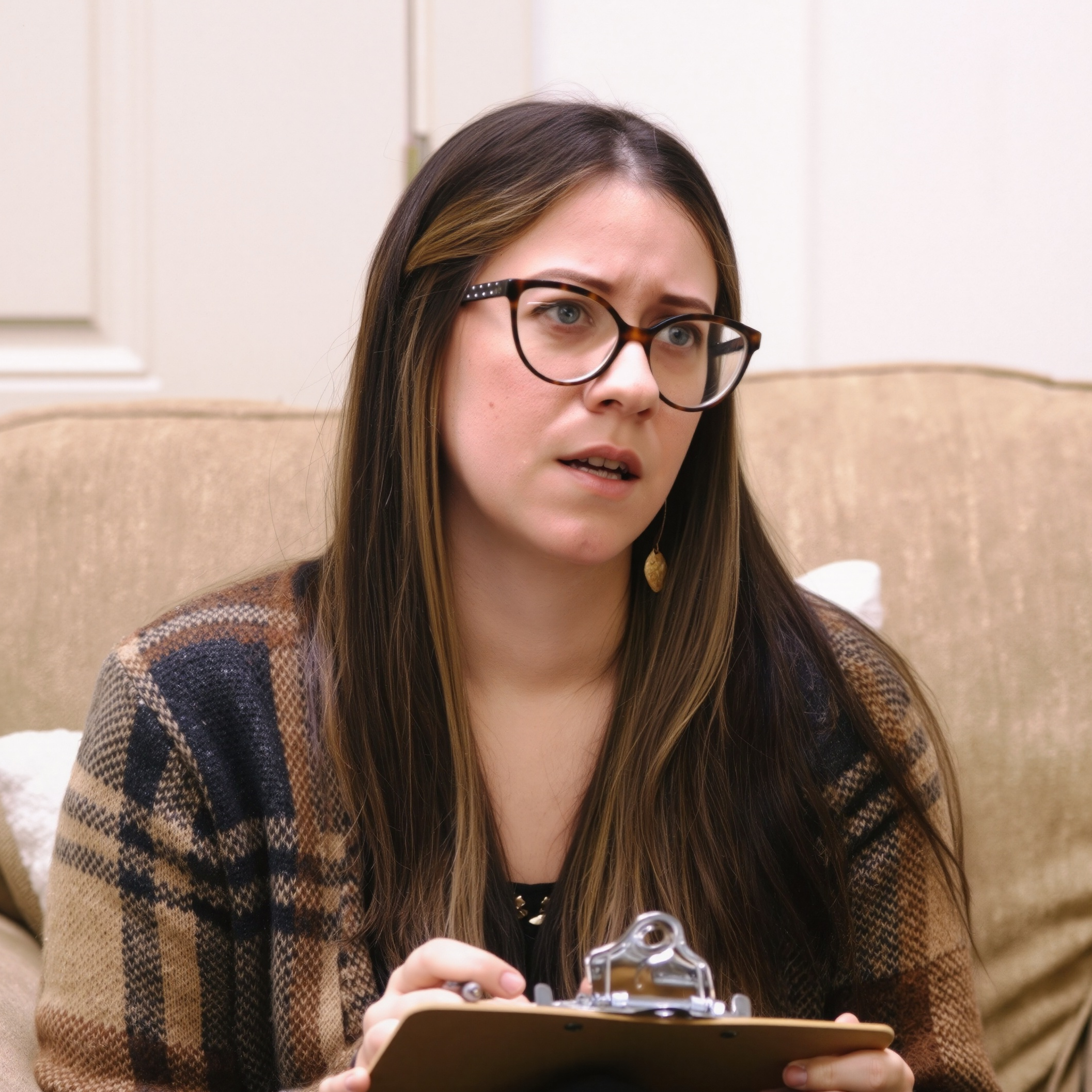 A woman with glasses and a clipboard is seated on a couch, appearing calm and thoughtful in her cozy living space.