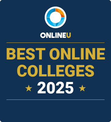 A graphic from OnlineU noting the best online colleges 2025