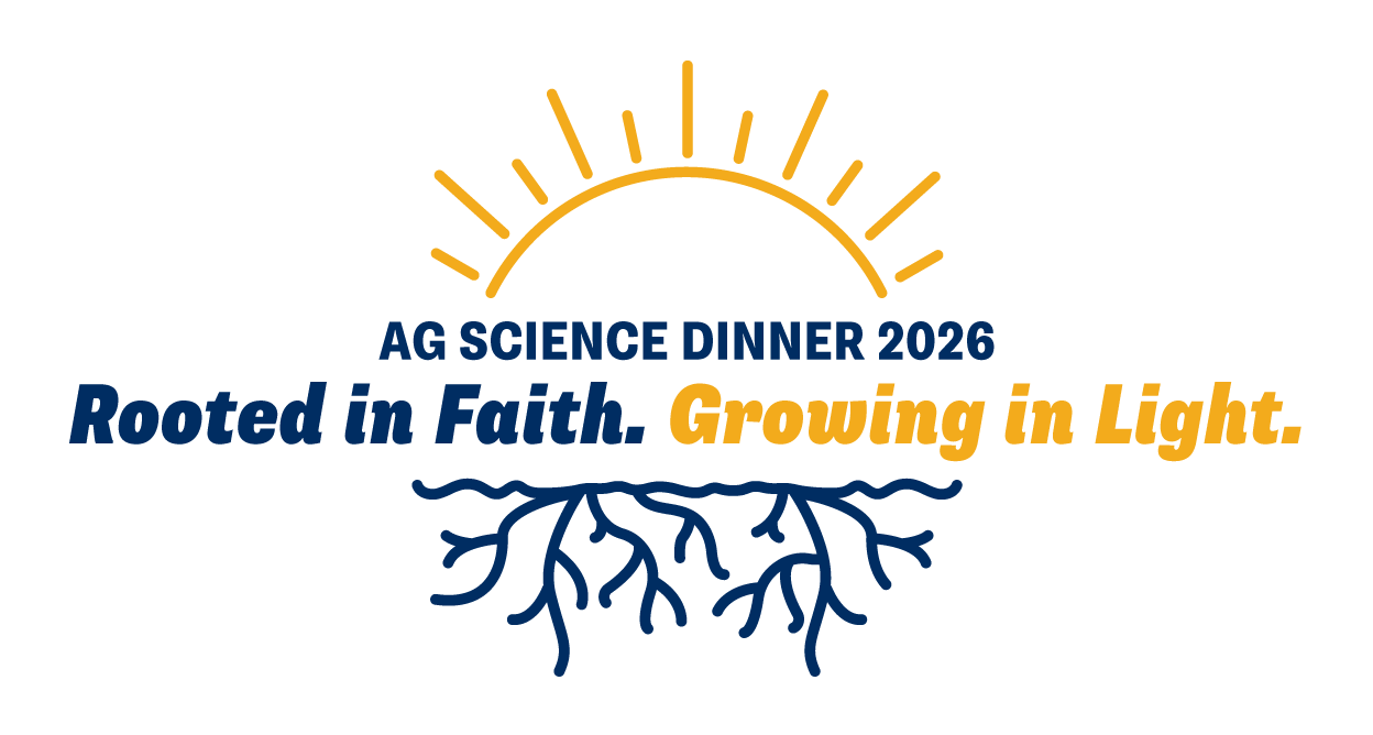 Ag Science Dinner 2026 event logo with text Rooted in Faith. Growing in Light. in the middle of a yellow line drawing of a sun and a blue line drawing of roots