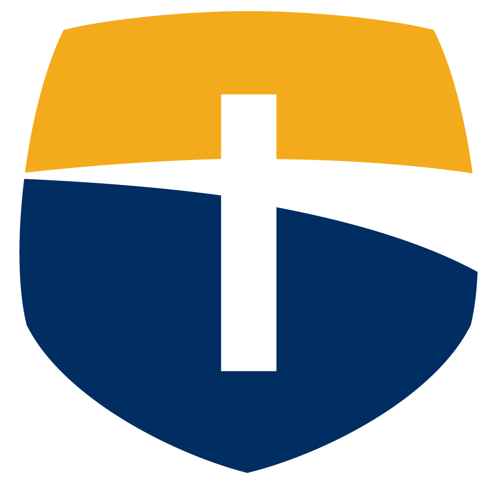 A shield with gold on top and navy blue on the bottom and cross in the middle, representing Corban University