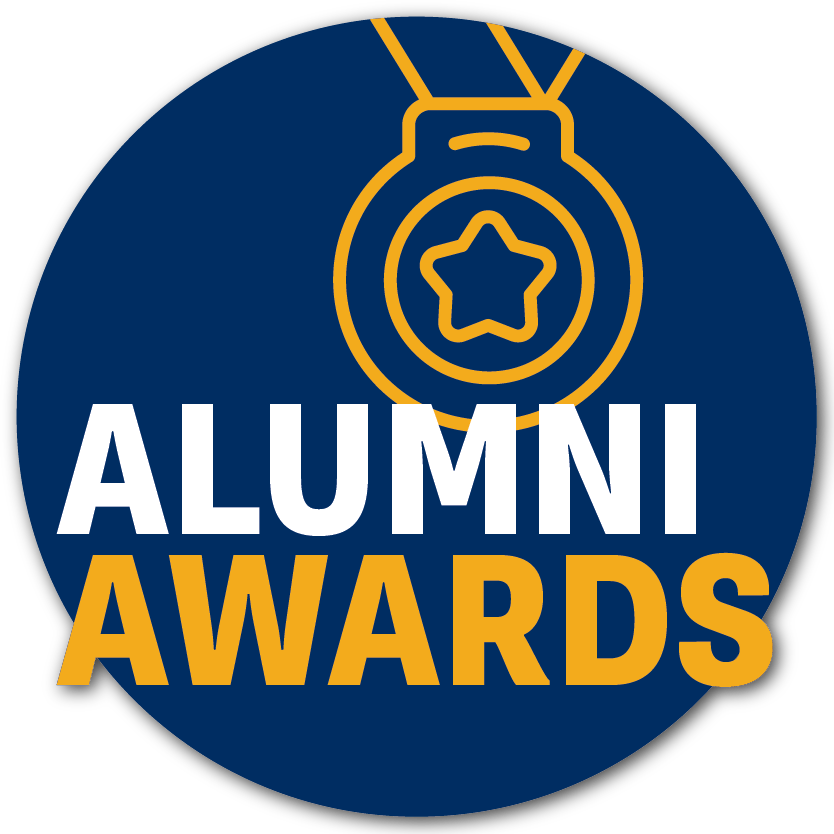 A navy circle with a gold medal icon and gold and white text reading "Alumni Awards"