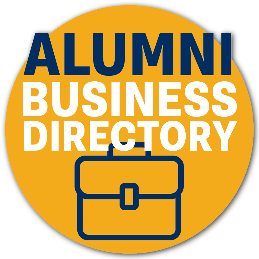 A gold circle with a navy briefcase icon and navy and white text reading "Alumni Business Directory"