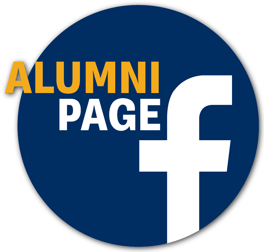 A navy circle with a white Facebook icon and gold and white text reading "Alumni Page"
