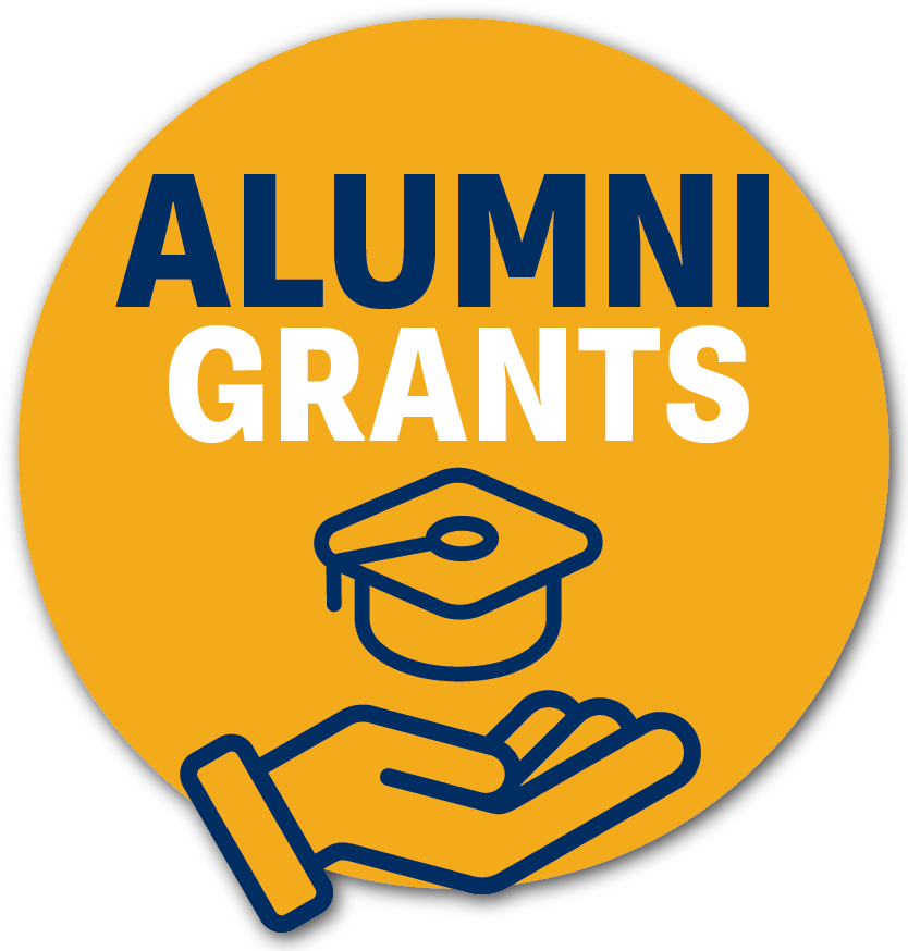 A gold circle with a navy hand holding grad cap icon and navy and white text reading "Alumni Grants"