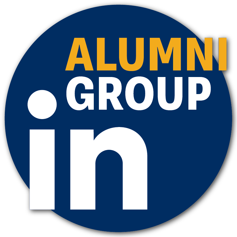 A navy circle with a white LinkedIn icon and gold and white text reading "Alumni Group"