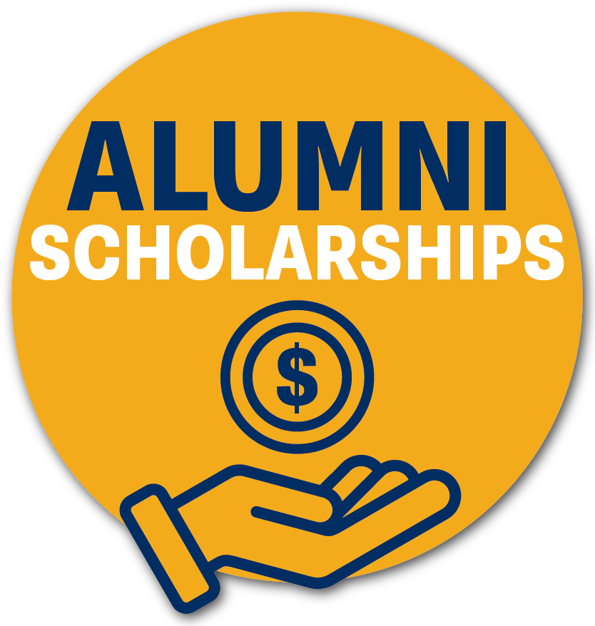 A gold circle with a navy hand holding coin icon and navy and white text reading "Alumni Scholarships"