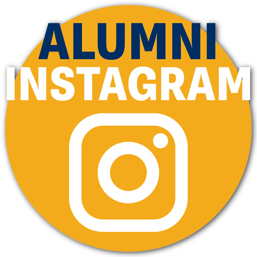 Gold circle with a white camera icon and navy and white text reading "Alumni Instagram"