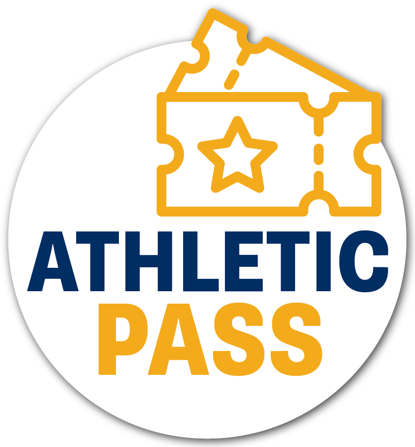 A white circle with a gold ticket icon and gold and navy text reading "Athletic Pass"