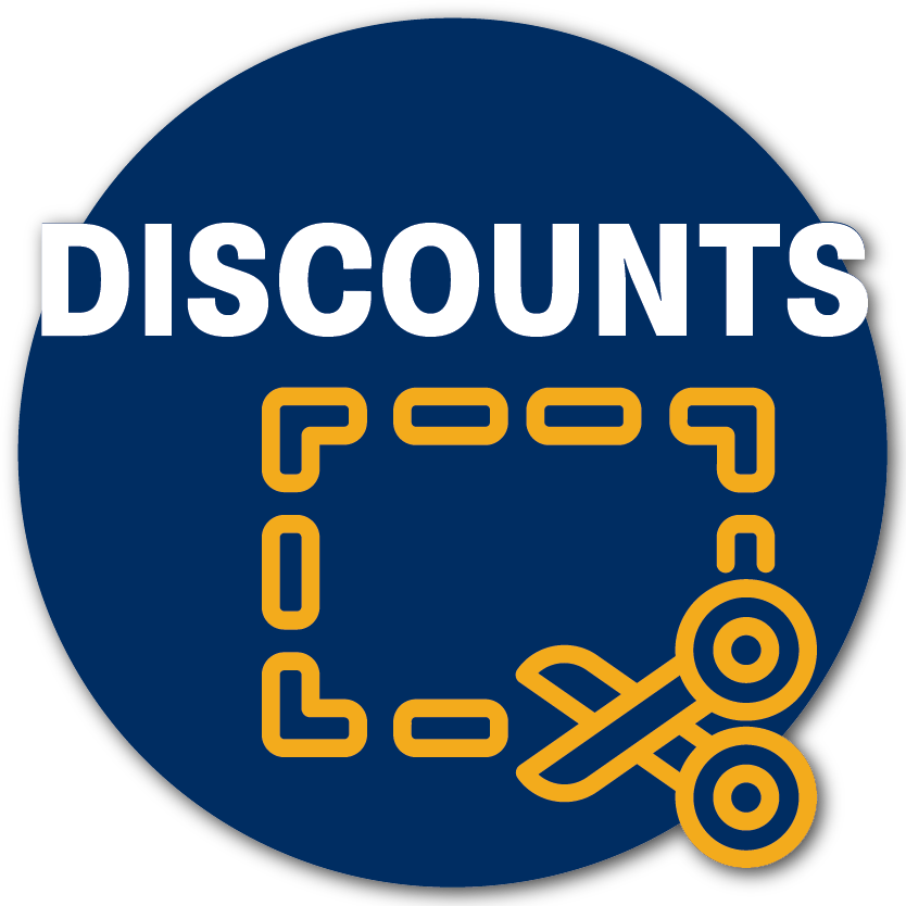 A navy circle with a gold coupon icon and white text reading "Discounts"