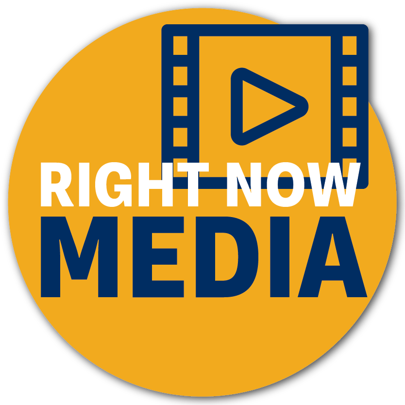 A gold circle with a navy film icon and navy and white text reading "Right Now Media"
