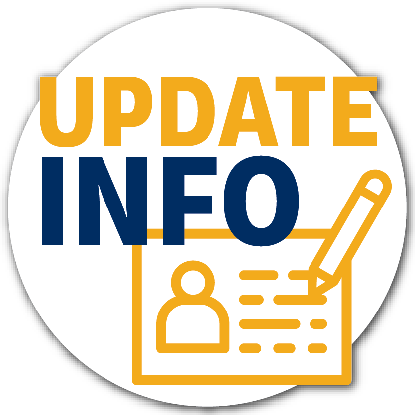 A white circle with a gold ID icon and gold and navy text reading "Update Info"