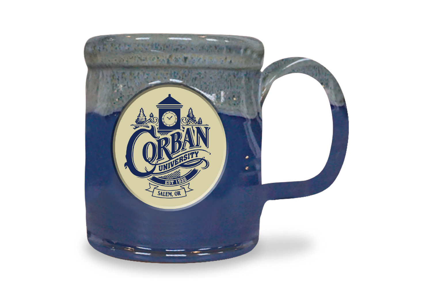A blue and gray ceramic mug with the words "Corban University" printed on it with a clocktower design.