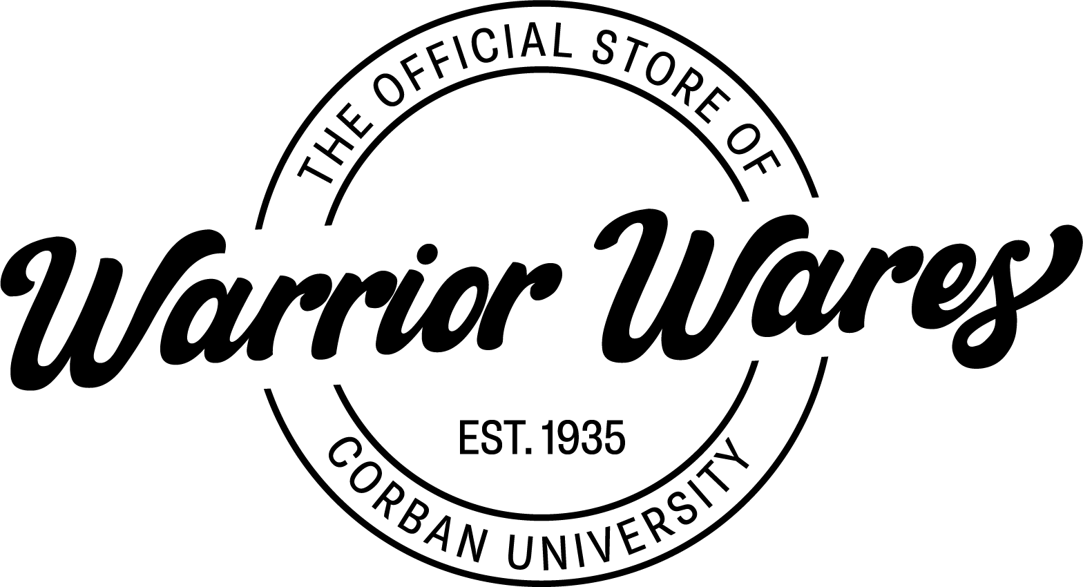Logo for Warrior Wares with "The Official Store of Corban University" text surrounding it in a circle and "Est. 1935" written below.
