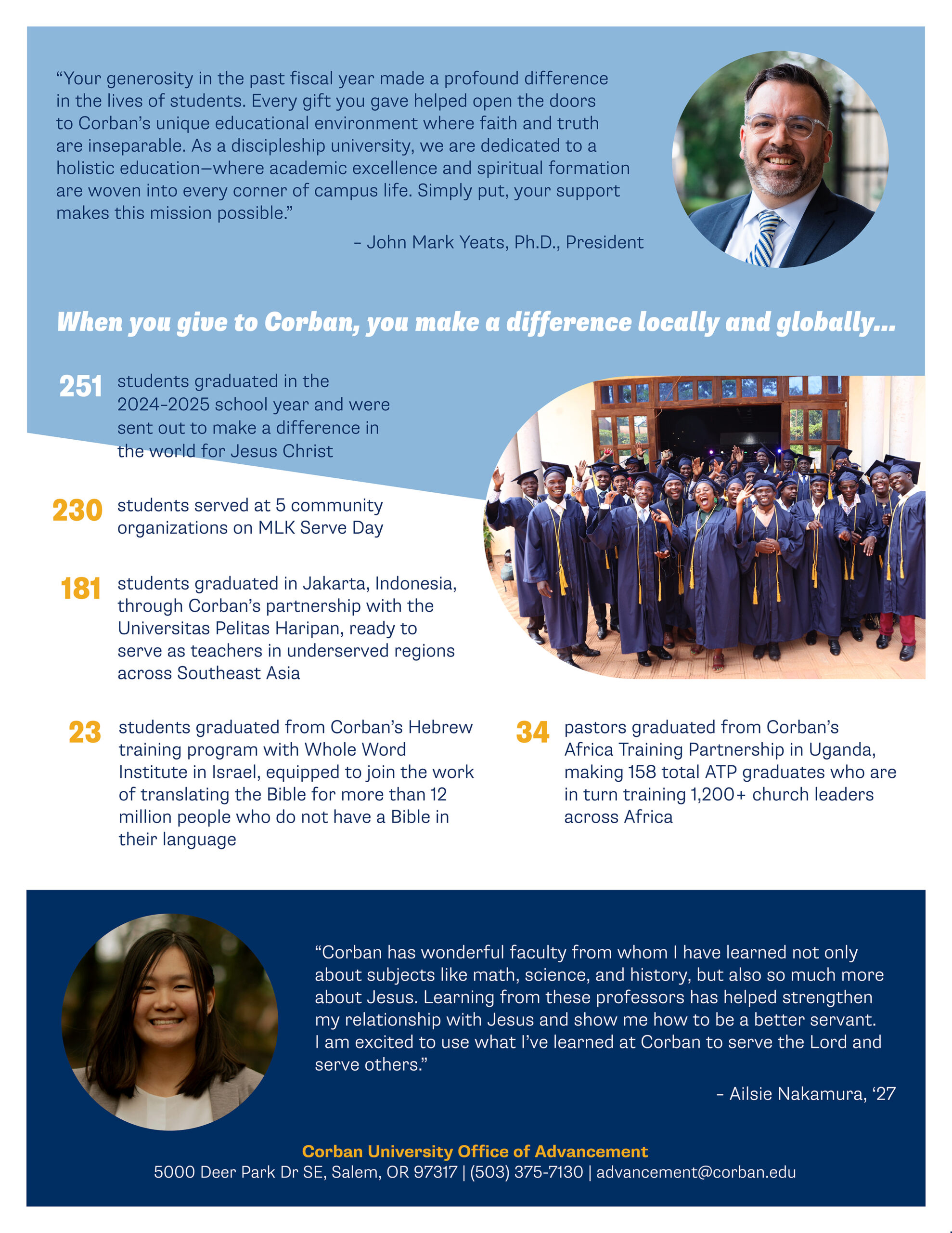 Corban University Donor Impact Report showcasing student achievements and contributions from donors.