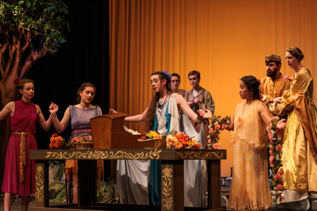 A theatrical performance of "Sleeping Beauty, Briar Rose" featuring a group of people in vibrant costumes on stage.