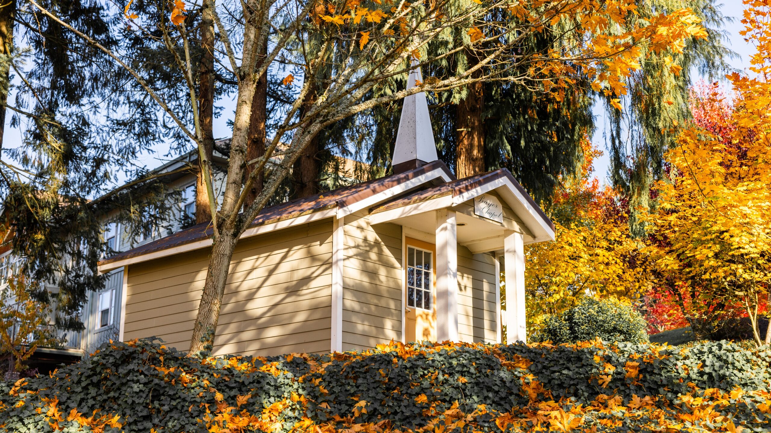 Prayer Chapel, a quaint building enveloped by colorful autumn leaves.