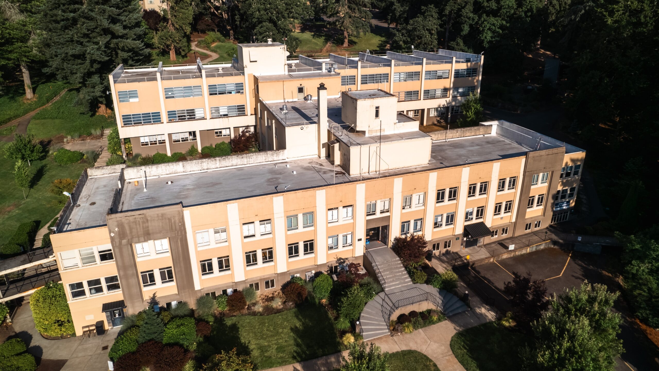 Aerial view of Academic Center highlighting the building's "H" shape.