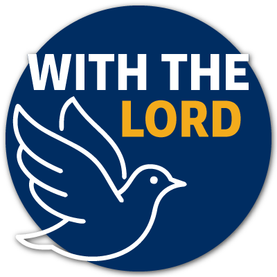 a blue circle with a white outline of a dove and the words "with the Lord"