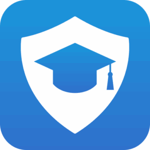 Campus Shield logo--blue background with a white badge and a blue graduation cap in the middle