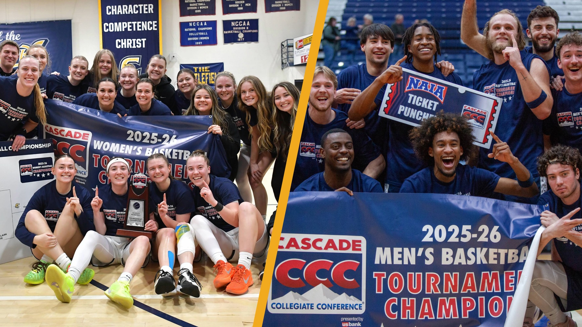 Corban's men's and women's basketball teams celebrate their conference championships holding trophies and banners