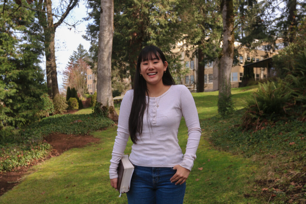 Maina Koike, Corban University student from Japan, on campus in Salem, Oregon