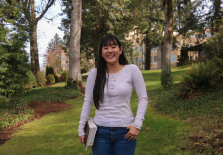 Maina Koike, Corban University student from Japan, on campus in Salem, Oregon